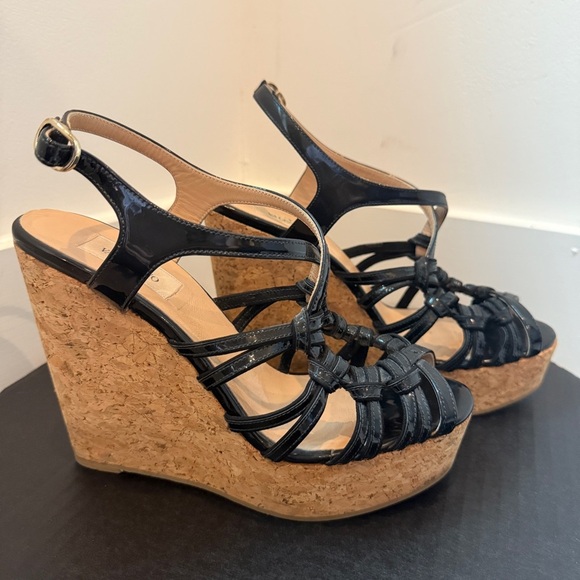Valentino Garavani Black Patent Wedge Sandals - Picture 1 of 8